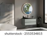 Minimalist bathroom with a round mirror, floating vanity, and natural greenery, offering a view of serene outdoor scenery.