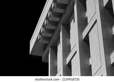 Minimalist black and white photo of the building. Empty space for text. Geometric shapes. 