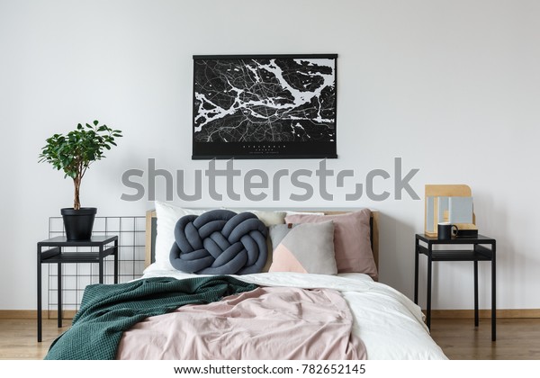 Minimalist Black White Poster Above Kingsize Stock Photo