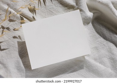 Minimalist Blank Paper Card Mock-up With Dry Grass, Top View