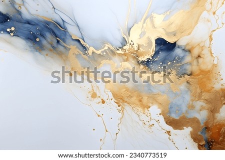 Minimalist Bright white background with dark blue alcohol ink and gold glitter. Illustration for poster, banner, cover, packaging