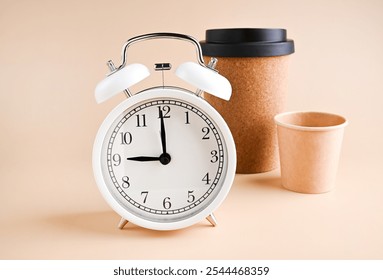 Minimalist Composition with Alarm Clock and EcoFriendly Coffee Cups Time and Sustainability. minimalist setup featuring a classic white alarm clock next to ecofriendly coffee cups against a soft beige - Powered by Shutterstock