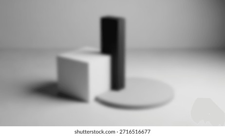 A minimalist composition featuring a white cube, a black rectangular pillar, and a gray semi-circle, all arranged in a balanced, abstract design against a neutral background.