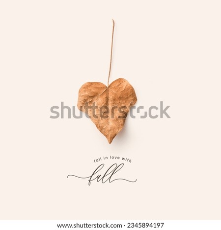 minimalist conceptual autumn fall concept or greeting card with single heart-shaped dry leaf and calligraphic text reading fall in love with fall on a cream colored background - top view, flat lay