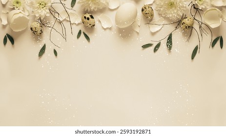 Minimalist Easter Background with Flowers and Quail Eggs, providing ample copy space. Ideal for elegant Easter cards, invitations, and spring-themed social media designs.