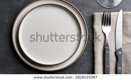 A minimalist and elegant table setting featuring a clean white plate, a silver fork, and a knife, arranged on a dark textured surface.