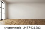 Minimalist Empty Room with Large Window and Wooden Floor