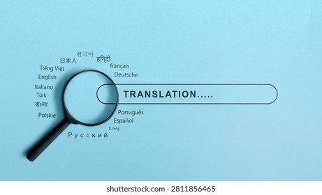 Minimalist flat lay of a magnifying glass on a translation search bar surrounded by world languages on a light blue background