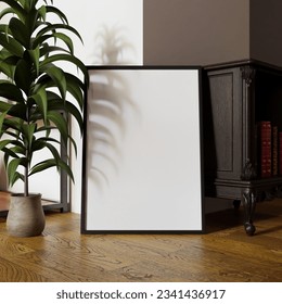 minimalist frame mockup poster template on the floor with plant decoration. 50x70, 20x28, 20RP frame mockup poster. Minimalistic concept of home decoration.