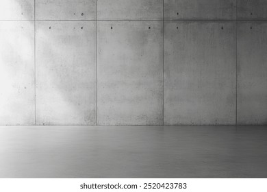 A minimalist interior design with a concrete wall and floor, showcasing a spacious room with natural light streaming in from a window. - Powered by Shutterstock