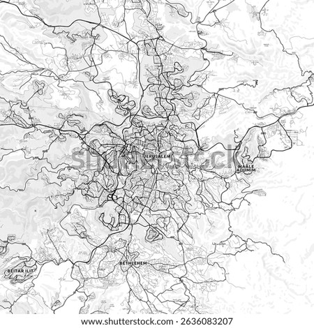 Minimalist Jerusalem Area Map with Labels and Neighborhoods with many details for urban roads, paths and disctricts. Nordic design in light map style with black-white and greys