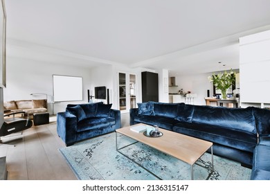 Minimalist Living Room With Blue Velvet Sofa