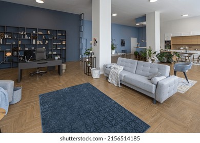 Minimalist Modern Interior Design Huge Bright Apartment With An Open Plan In Scandinavian Style In White, Blue And Dark Blue Colors With Columns In The Center. Includes Kitchen Area, Office And Lounge