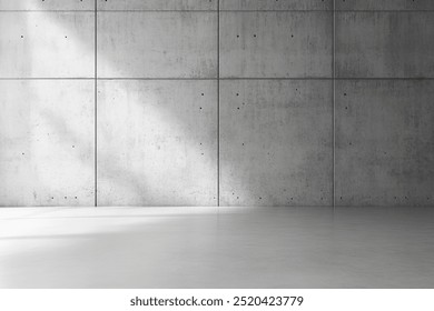 A minimalist, modern interior space with a concrete wall and a concrete floor. Sunlight streams through a window, casting long shadows across the floor. - Powered by Shutterstock