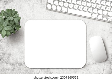 minimalist mousepad mockup with pad, mouse, keyboard and a potted succulent on a white wooden office desk, modern minimal workspace template for your product or design, top view, flat lay