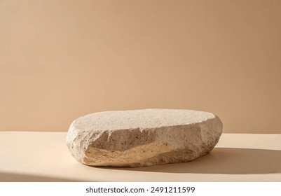 Minimalist natural stone podium for elegant product display on plain beige background, ideal for highlighting exclusive items in simple yet sophisticated commercial presentations