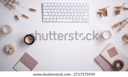 Minimalist PC desk with ample space Flat lay top view, landscape format