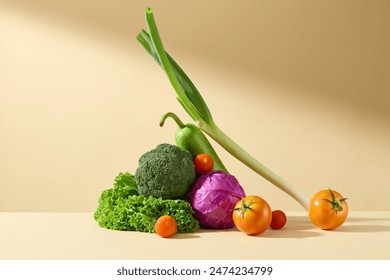 Minimalist photo from frontal shot including leeks, tomatoes, cabbage clustered in the center of the frame, over light yellow background. Copy space for adding text - Powered by Shutterstock