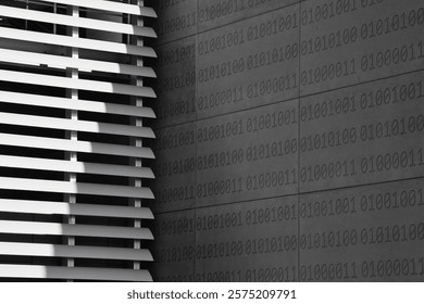 A minimalist photograph featuring a wall with engraved binary code juxtaposed against horizontal metal slats, highlighting the interplay of light, shadow, and geometric design.