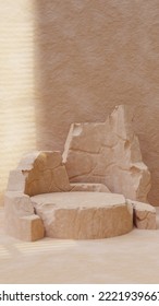 Minimalist podium of tubular crack stone surrounded by steep and sharp rocks behind, 3d render