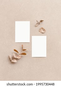 Minimalist Presentation Of Two Vertical Blank Business Cards Mock Up For Design Template, Top View. White Visit Card Mockup Front And Back With Natural Colors. Branding Concept, Insert Your Logo