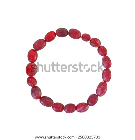 Minimalist red bead bracelet arranged in a circular design on a white background, emphasizing its natural tones and organic aesthetic.