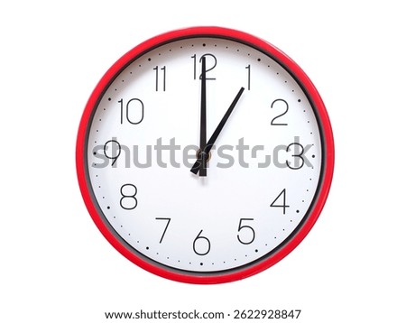 Minimalist red framed wall clock pointing at 01:00 or 13:00. Isolated on white background. Concept of time management.