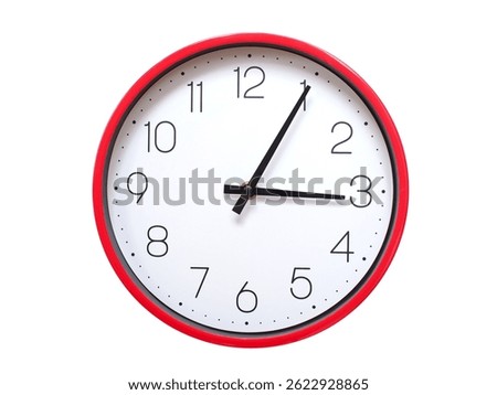 Minimalist red framed wall clock pointing at 03:05 or 15:05. Isolated on white background. Concept of time management.