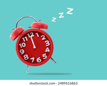 minimalist round red alarm clock tilted with zzz sleep snore symbol isolated on blue background, retro round analog alarm clock with alert ring bell