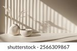 A minimalist still life composition featuring a textured ceramic vase with dried grass stems and a simple bowl, illuminated by soft sunlight creating striped shadow patterns on a neutral background.