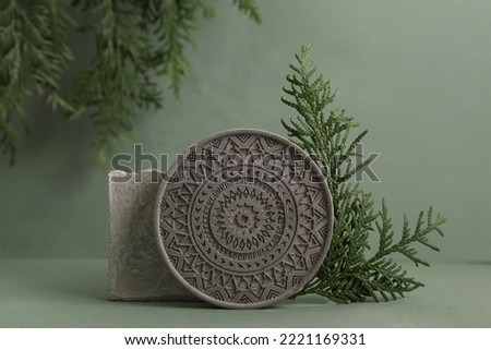 Minimalist still life composition with natural nature materials: stones, round Mandala, Green Thuja. abstract modern art design concept