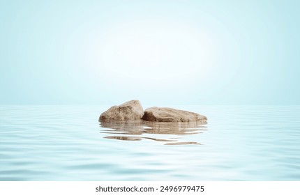 Minimalist Stone Podium on Tranquil Waters with Rocks: Perfect for Showcasing Natural Skincare, Cosmetics, and Makeup in a Serene Environment - Powered by Shutterstock