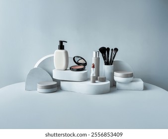 A minimalist studio shot featuring various cosmetic products on a neutral gray background. Includes a pump bottle, lipstick, blush, cream jars, and makeup brushes arranged on geometric shapes. Perfect