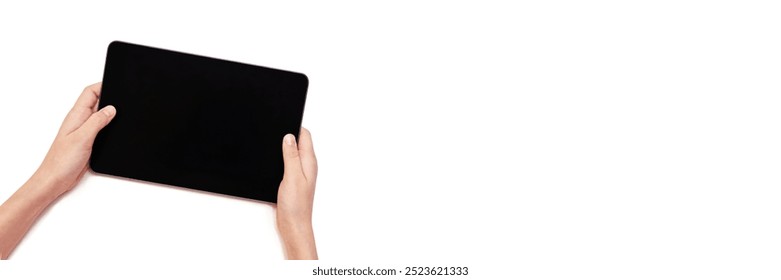 Minimalist technology concept: hands holding a tablet with blank screen for app design or presentation mockup. Horizontal banner - Powered by Shutterstock