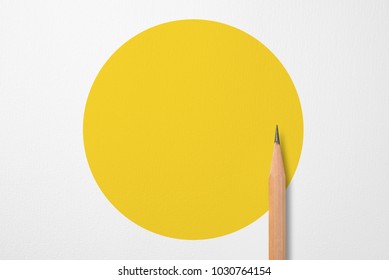 Minimalist template with copy space by top view close up photo of wooden pencil isolated on white paper and combination with yellow shape graphic. Flash light made smooth shadow from pencil. - Powered by Shutterstock