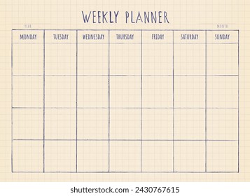 Minimalist Weekly planner blank. Schedule, weekly overview, organizer. Vintage hand drawn template. Checkered sheet of paper from notebook. - Powered by Shutterstock