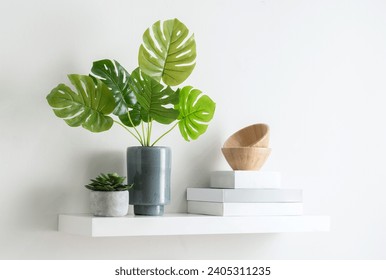 Minimalist White Floating Shelf Displaying Lush Monstera Plant in a Slate Grey Pot, Paired with a Succulent in a Concrete Planter and Stacked Neutral-Toned Books Topped with Wooden Bowls, soft sunlit. - Powered by Shutterstock