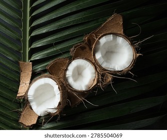 A minimalist yet rustic overhead composition of cracked coconuts arranged in a jagged, chevron-like line across a dark green palm frond. The shot emphasizes the stark color block between the rough, brown earthy husks and the brilliant, pristine white inner flesh.