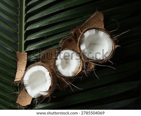 A minimalist yet rustic overhead composition of cracked coconuts arranged in a jagged, chevron-like line across a dark green palm frond. The shot emphasizes the stark color block between the rough, brown earthy husks and the brilliant, pristine white inner flesh.