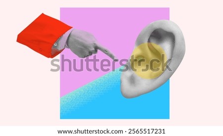 Minimalistic collage showcasing hand pointing at an ear surrounded by bright colors and patterns. Auditory care. Contemporary art. Concept of health, care, medical treatment