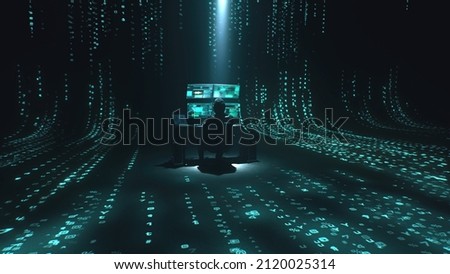 Minimalistic concept of alone hacker programmer surrounded by green programming codes in a dark ambient cyber space, sitting at a table with four monitors doing a hacking attack