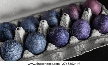 minimalistic easter eggs in blue tones. cosmic blue and purple dark painted eggs, space, stone, concrete effect. hibiscus, dye, rice, mother of pearl