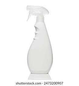 Minimalistic image of a white spray bottle with a clear nozzle, isolated on a white background, ideal for product packaging, cleaning supplies, and household items. - Powered by Shutterstock