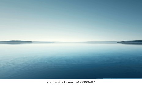 A minimalistic landscape photo view of river or ocean with blue sky. Horizontal landscape of realistic of beach with blue. Perfect ocean surface. Tranquility, calm concept. Nature concept. - Powered by Shutterstock