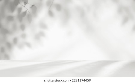 Minimalistic light background with blurred foliage shadow on a white wall. Beautiful background for presentation with with smooth floor. - Shutterstock ID 2281174459