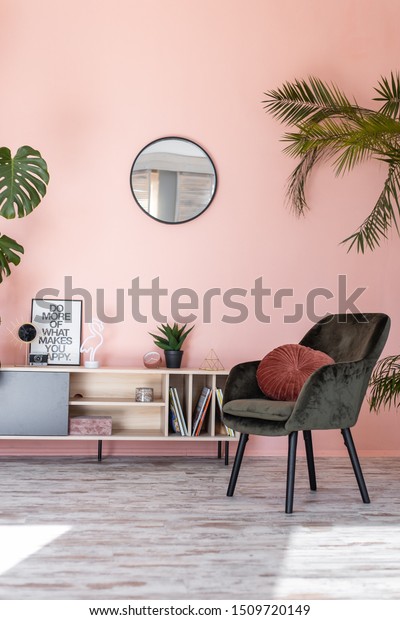 Minimalistic Luxury Pastel Pink Home Interior Stock Photo