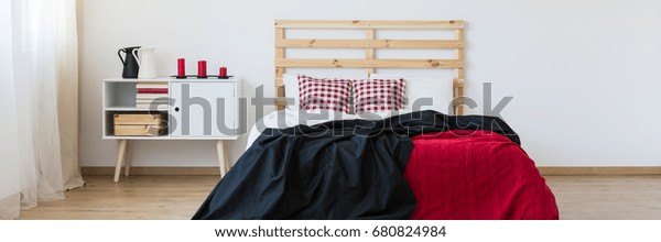 Minimalistic Modern Bedroom Black Red Accessories Stock