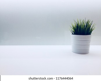 Minimalistic Modern Bright White Design Desk With A Green Grass Leaves Plant In A White Pot Vase, Front View