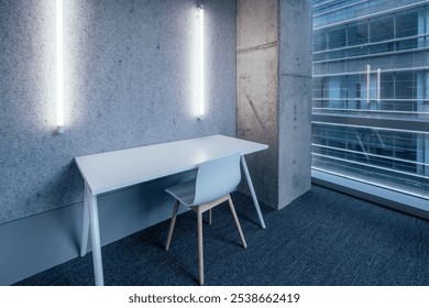 A minimalistic, modern workspace setup with a single white desk and chair against a textured gray wall. The room is illuminated by two vertical wall lights, creating a bright yet calm ambiance. 