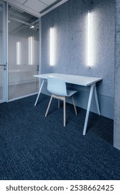A minimalistic, modern workspace setup with a single white desk and chair against a textured gray wall. The room is illuminated by two vertical wall lights, creating a bright yet calm ambiance. 